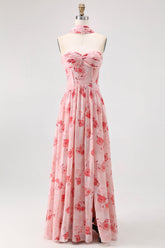 Altrosa A-Linie Trägerloses Blume Hochzeitsgastkleid mit Schlitz